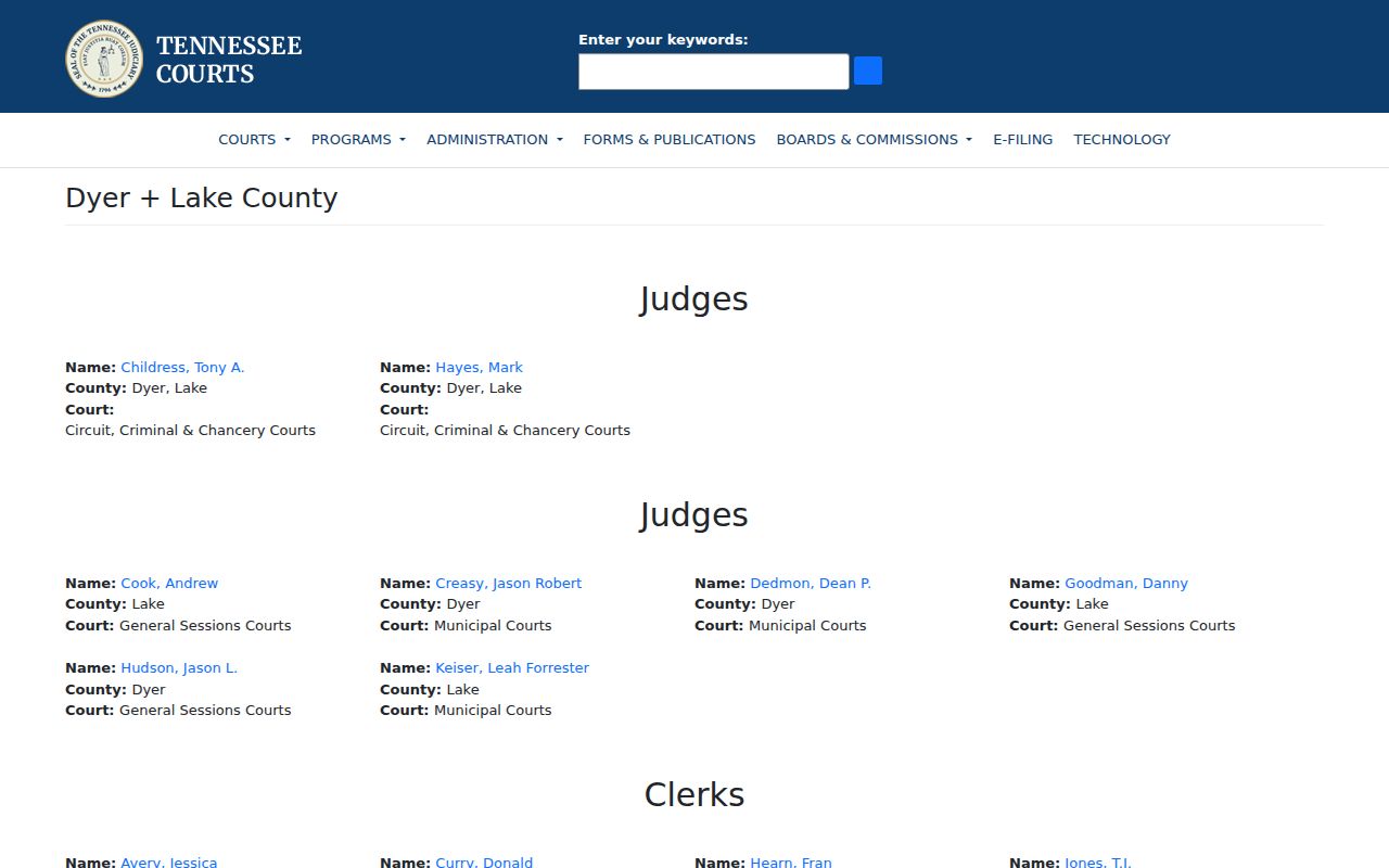 Dyer County court docket in the 29th Judicial District