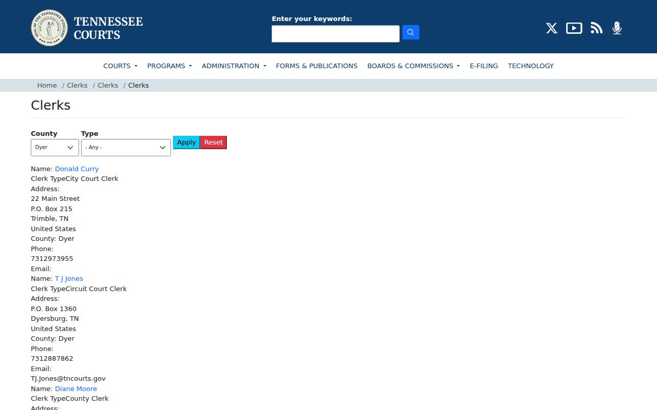 Dyer County court docket state clerk directory