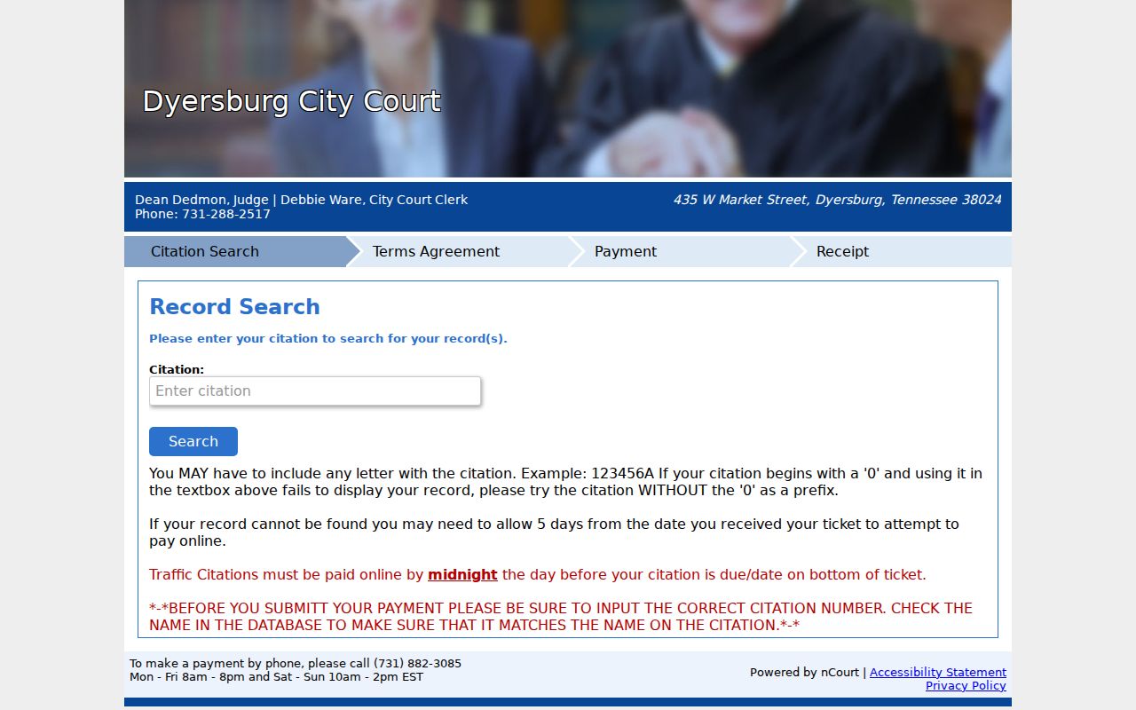 Dyer County case lookup on the Dyersburg citation portal